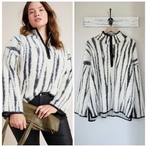 Anthropologie Cream & Black Striped Fuzzy Turtleneck Sweater